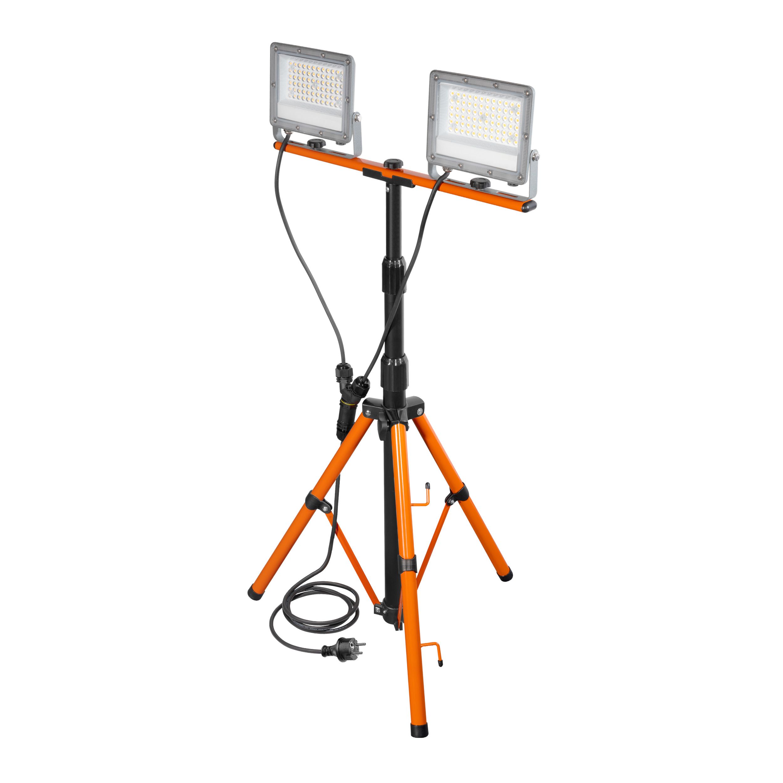 Професионален Строителен LED Прожектор  2х50W 2х4500lm 4000K със стойка триножник IP65 220V с кабел H05RN-F 3x1mm2 3,0 метра Latrans с удобна чанта за съхранение и пренасяне